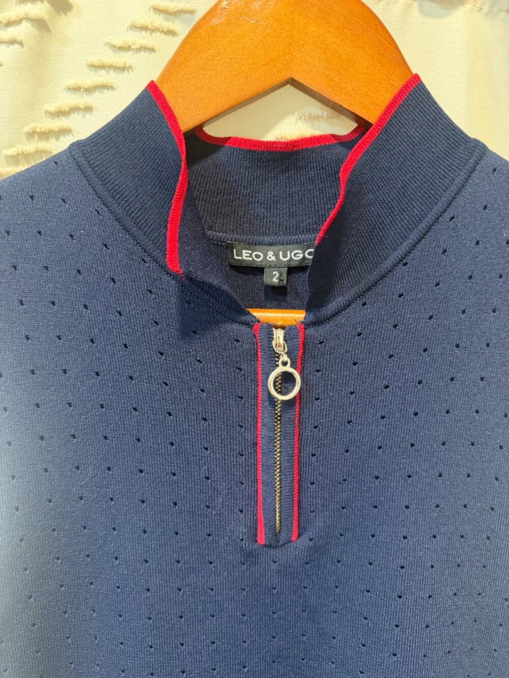 Leo & Ugo Dress Knit Navy Blue Red White Layered Mock Neck Zip France Summer - Picture 4 of 12